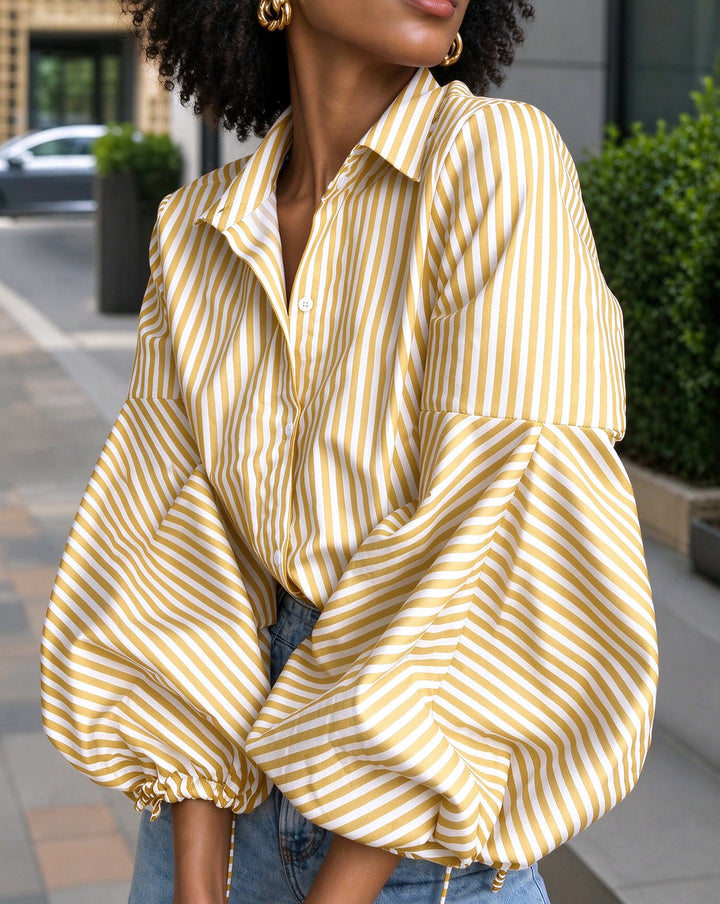 Striped Split-Joint Drawstring Buttoned Puff Sleeves Loose Lapel Blouses&shirts Tops