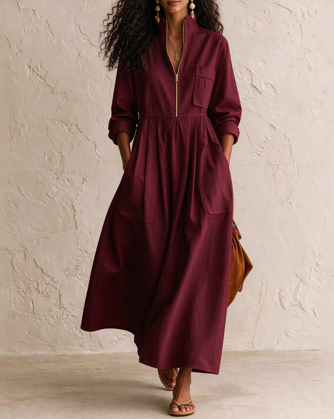 Women's Half Zip Stand Collar Linen Blend Midi Dress