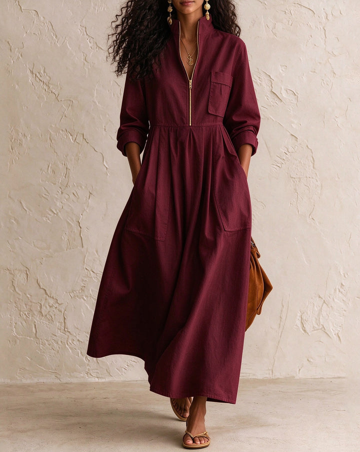 Women's Half Zip Stand Collar Linen Blend Midi Dress