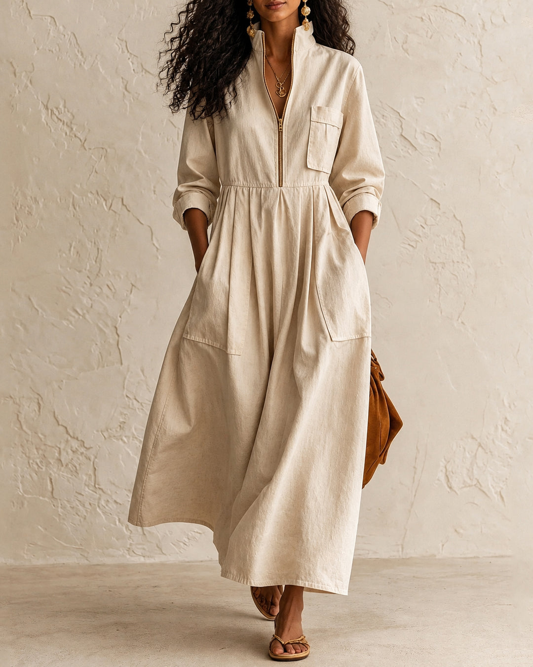 Women's Half Zip Stand Collar Linen Blend Midi Dress