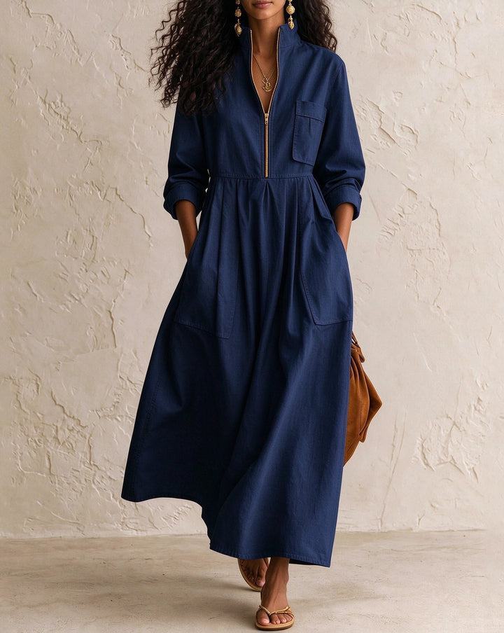 Women's Half Zip Stand Collar Linen Blend Midi Dress