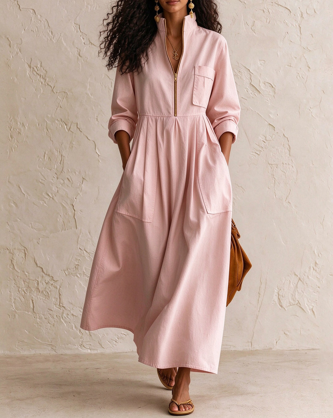 Women's Half Zip Stand Collar Linen Blend Midi Dress