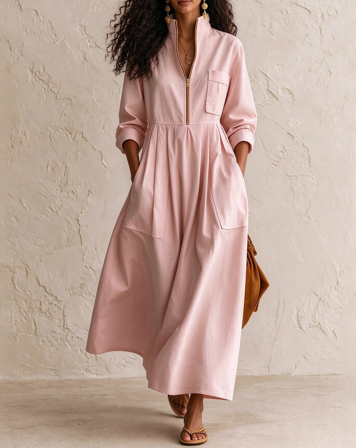 Women's Half Zip Stand Collar Linen Blend Midi Dress