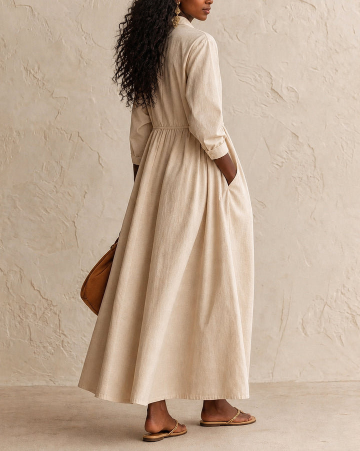 Women's Half Zip Stand Collar Linen Blend Midi Dress