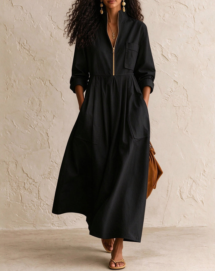 Women's Half Zip Stand Collar Linen Blend Midi Dress