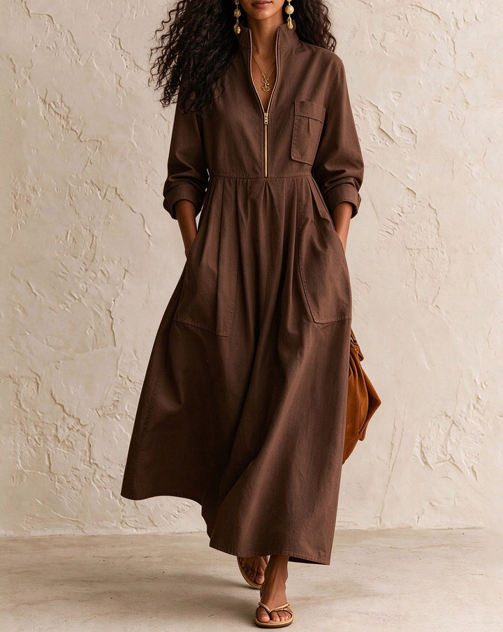 Women's Half Zip Stand Collar Linen Blend Midi Dress