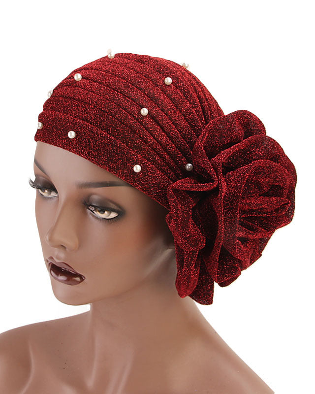 Pearl Pre Tied Flower Turban Hat Stylish Shimmering