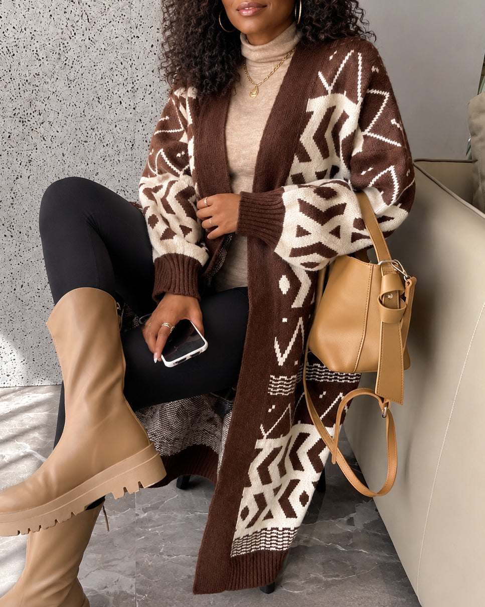 Women's Long Geometric Pattern Knit Cardigan