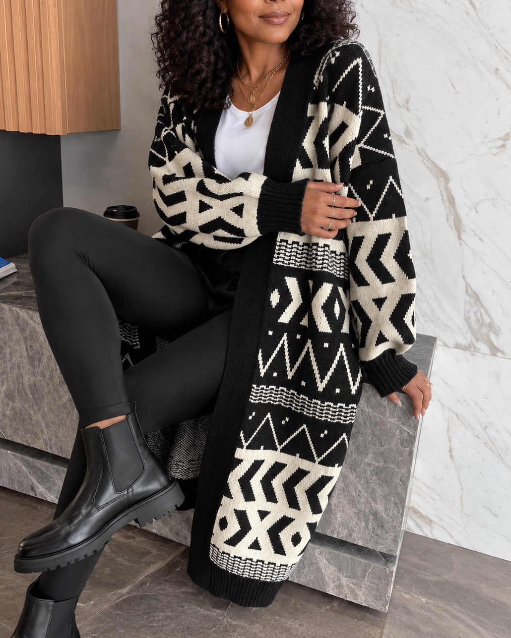 Women's Long Geometric Pattern Knit Cardigan