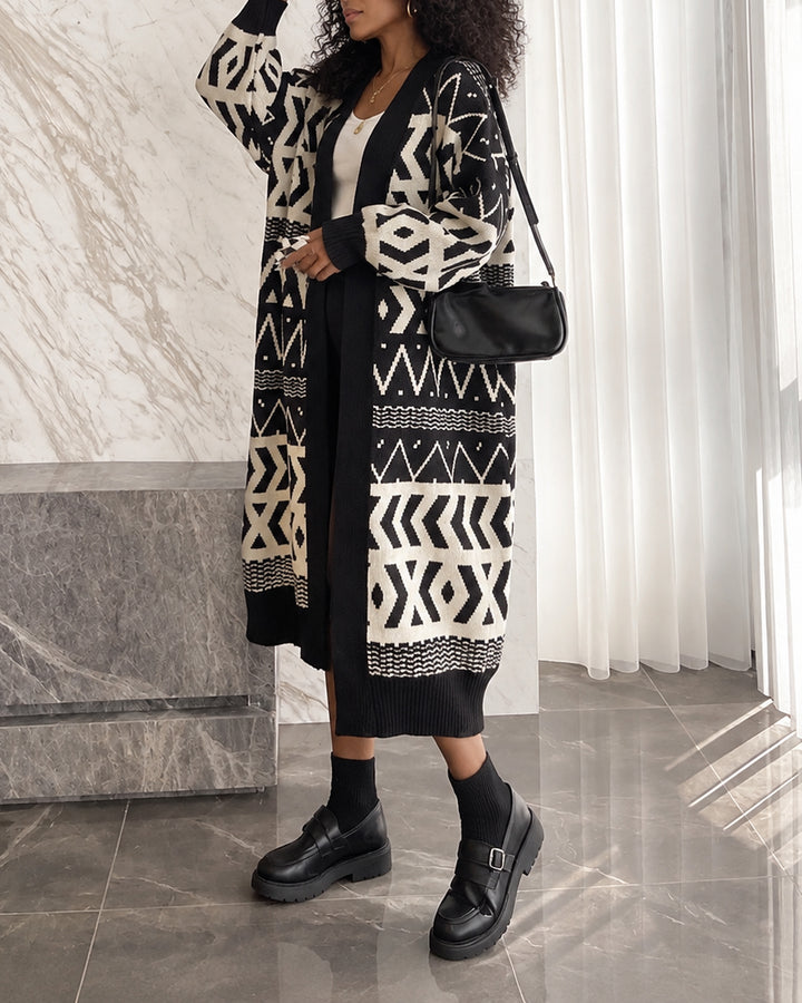 Women's Long Geometric Pattern Knit Cardigan
