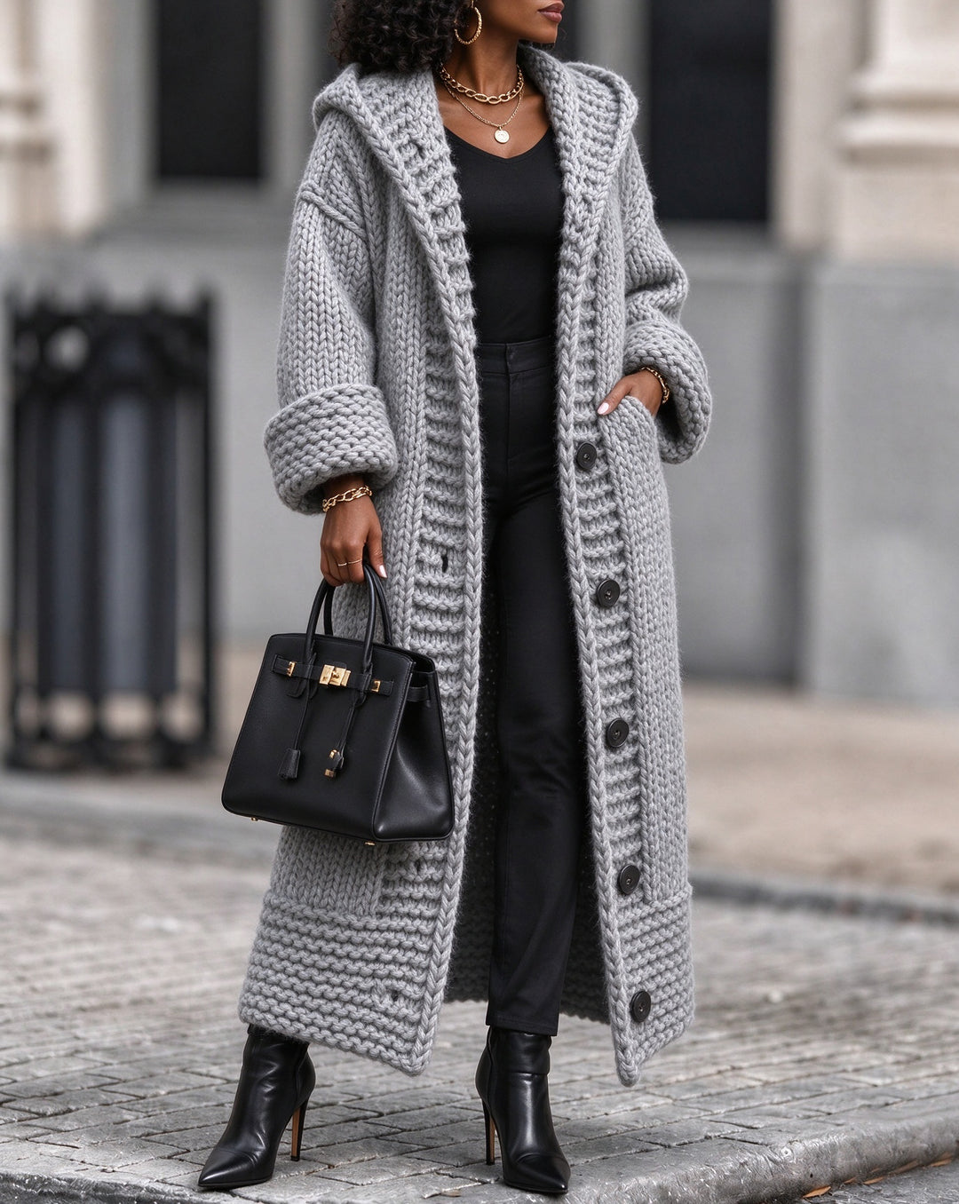Women’s Chunky Knit Hooded Long Cardigan Sweater