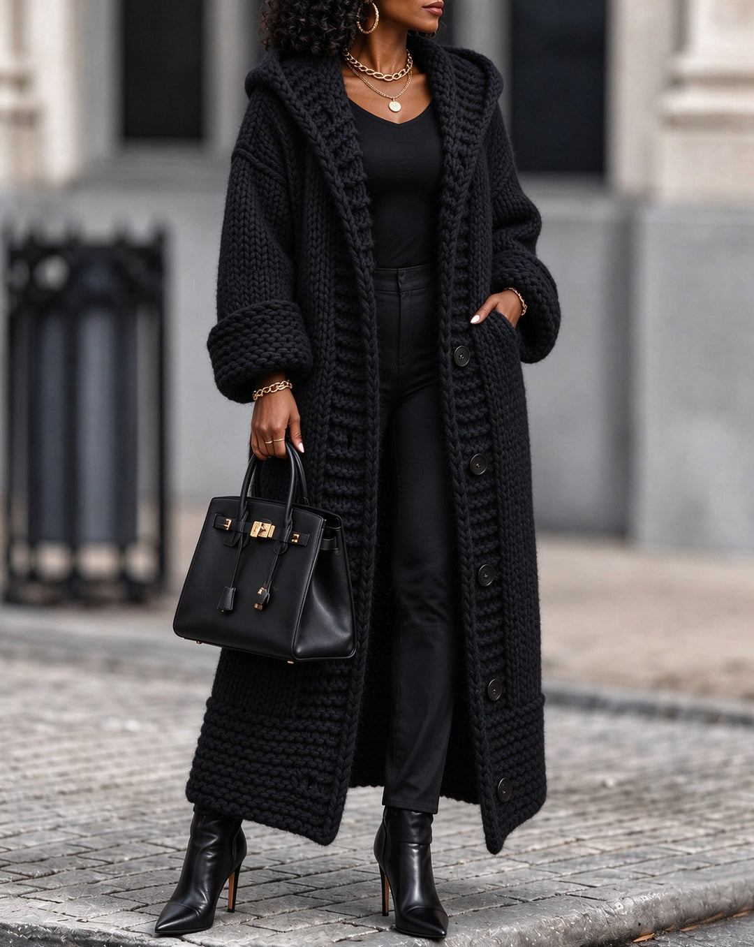 Women’s Chunky Knit Hooded Long Cardigan Sweater