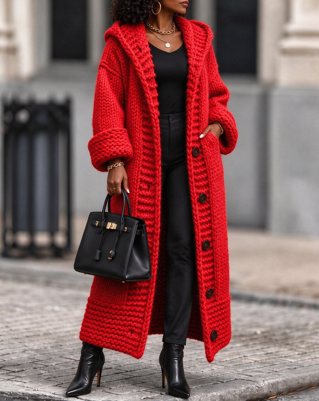 Women’s Chunky Knit Hooded Long Cardigan Sweater