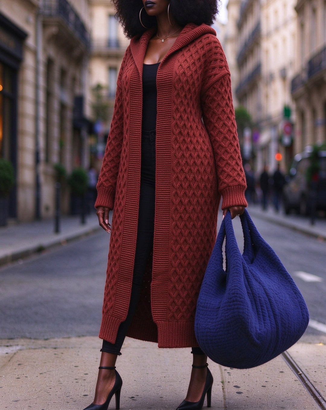 Women Cable Knit Hooded Oversized Open Front Long Cardigan
