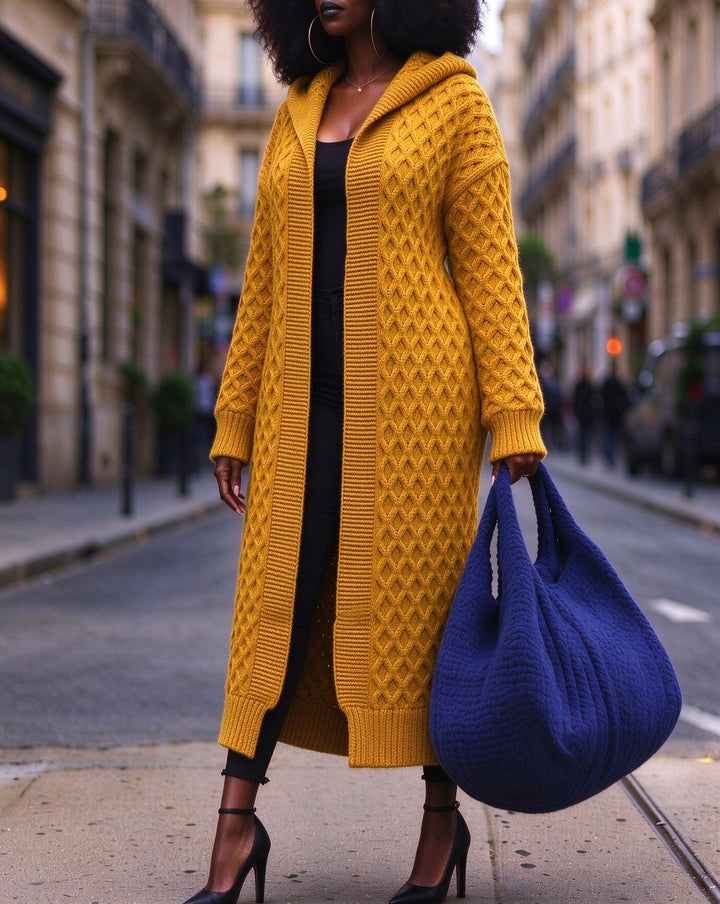 Women Cable Knit Hooded Oversized Open Front Long Cardigan