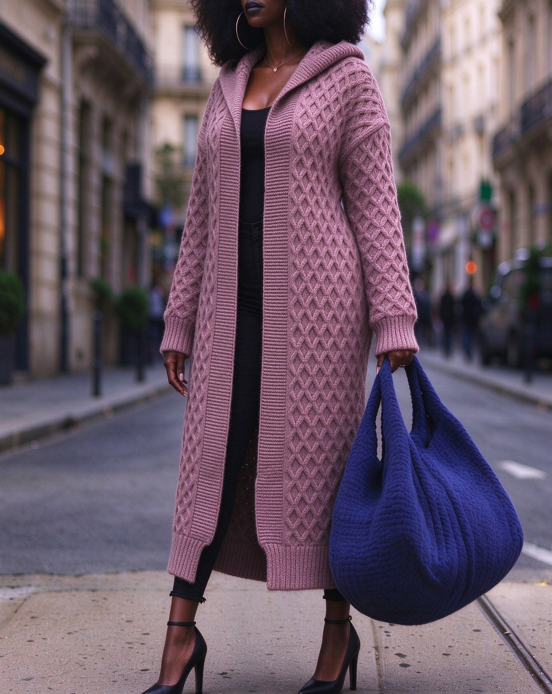 Women Cable Knit Hooded Oversized Open Front Long Cardigan