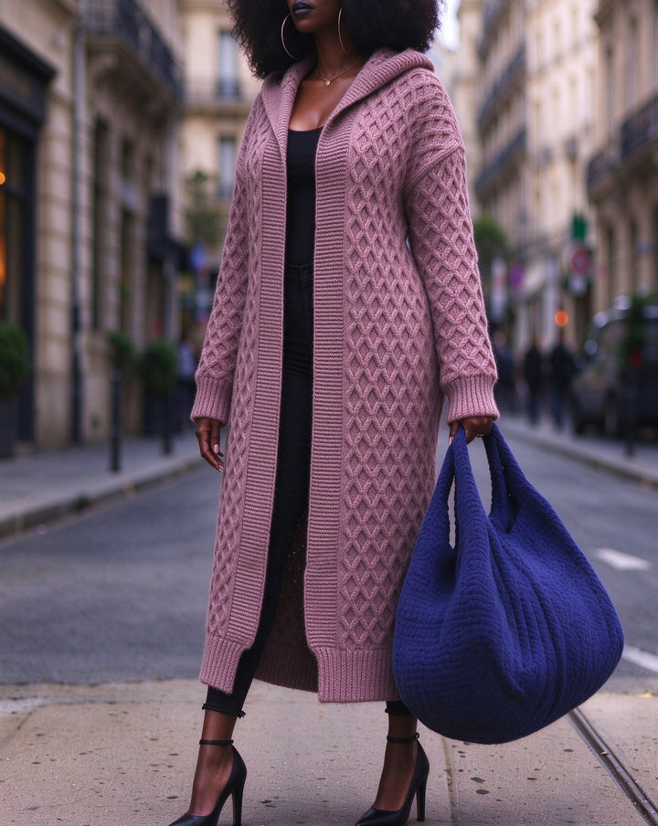 Women Cable Knit Hooded Oversized Open Front Long Cardigan