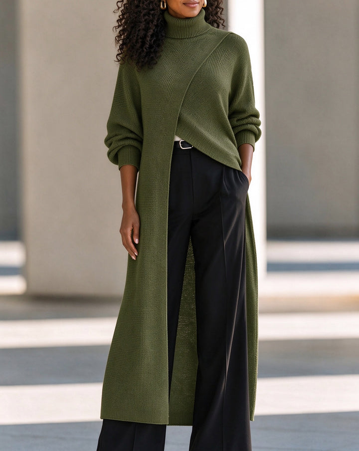 Asymmetrical Layered High-Neck Long Knit Top