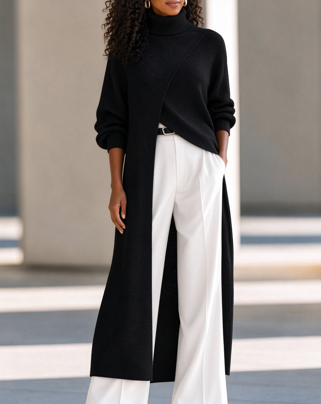 Asymmetrical Layered High-Neck Long Knit Top