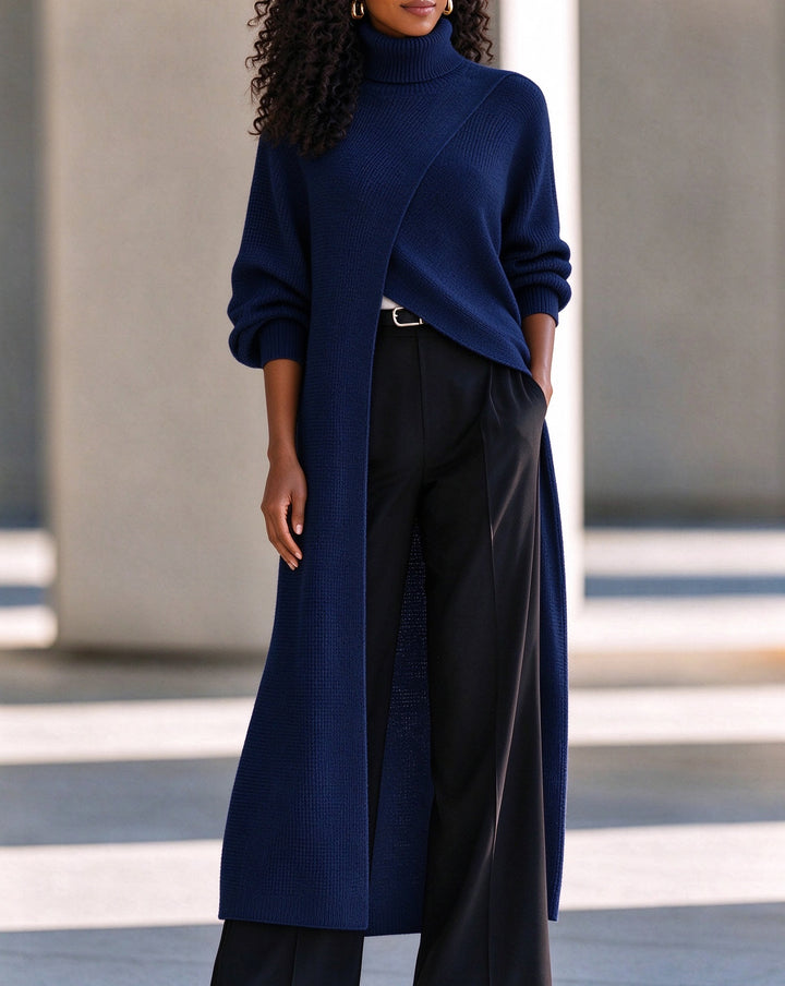 Asymmetrical Layered High-Neck Long Knit Top