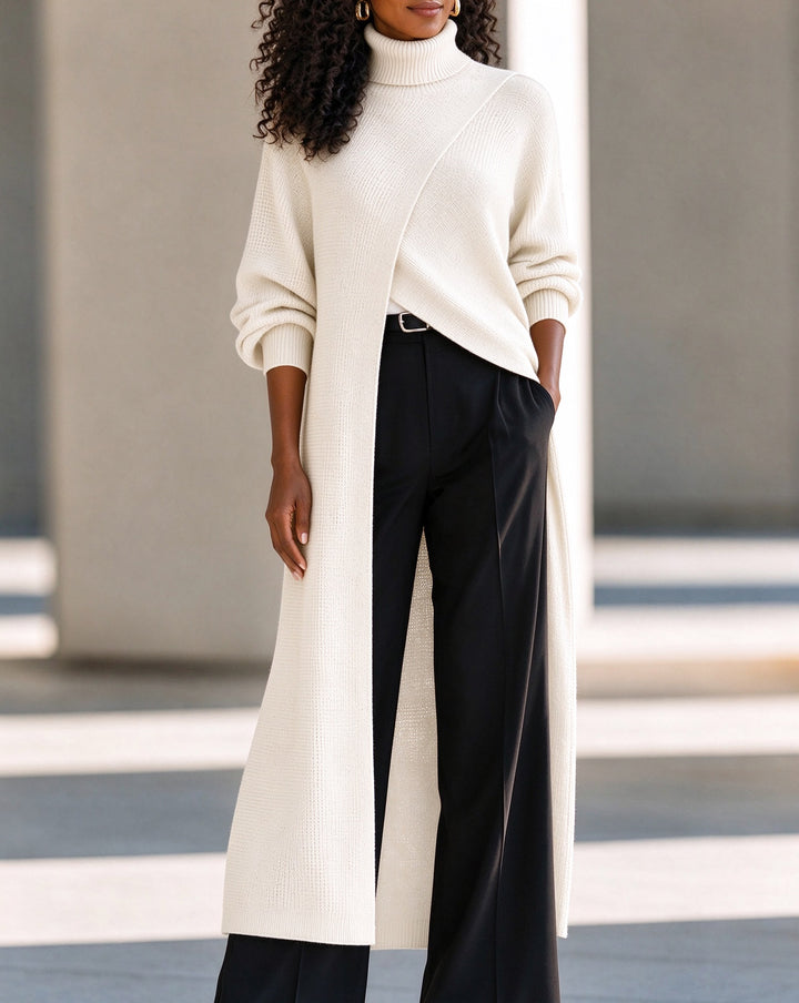 Asymmetrical Layered High-Neck Long Knit Top