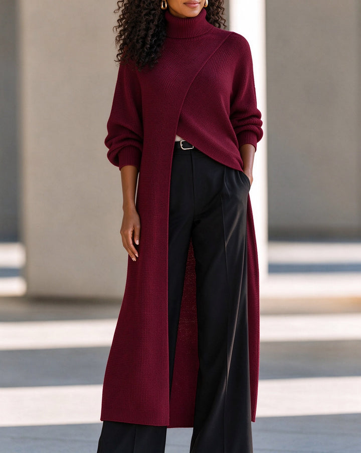 Asymmetrical Layered High-Neck Long Knit Top