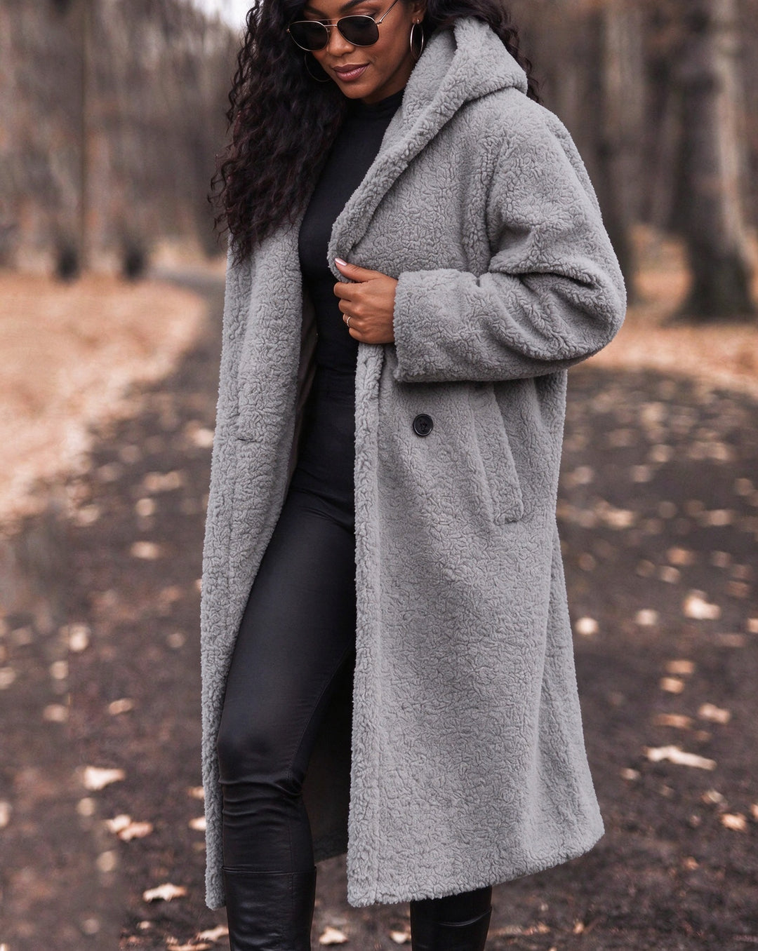 Oversized Double-breasted Fuzzy Sherpa Long Coat
