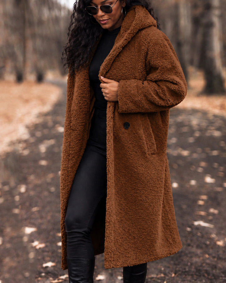 Oversized Double-breasted Fuzzy Sherpa Long Coat