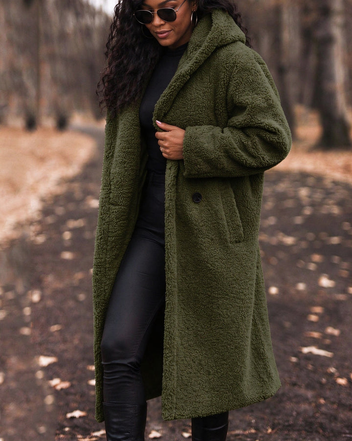 Oversized Double-breasted Fuzzy Sherpa Long Coat