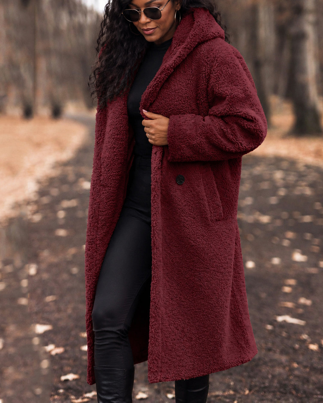 Oversized Double-breasted Fuzzy Sherpa Long Coat