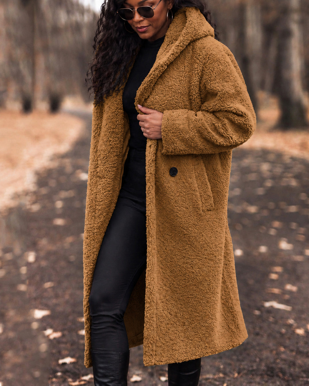 Oversized Double-breasted Fuzzy Sherpa Long Coat