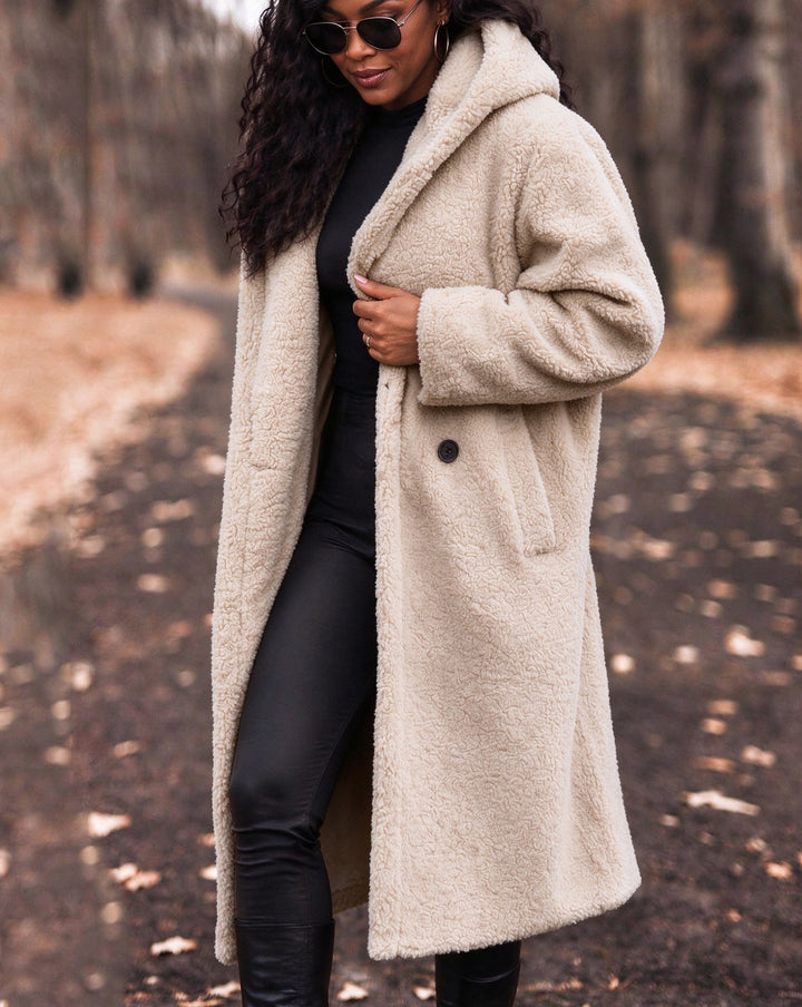 Oversized Double-breasted Fuzzy Sherpa Long Coat