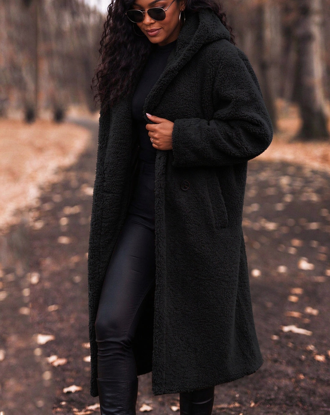 Oversized Double-breasted Fuzzy Sherpa Long Coat