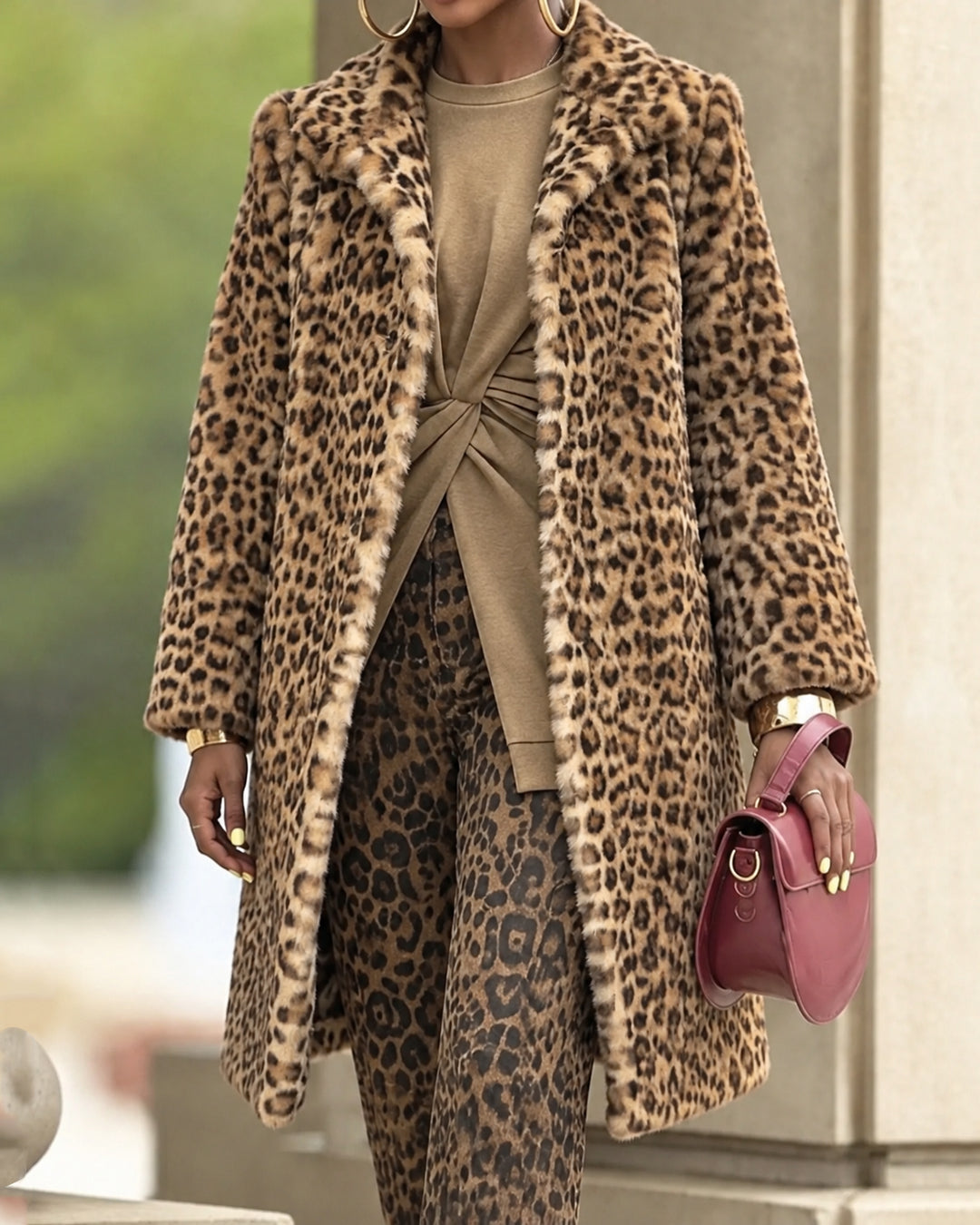 Notched Lapel Leopard Print Fuzzy Sherpa Mid-Length Coat