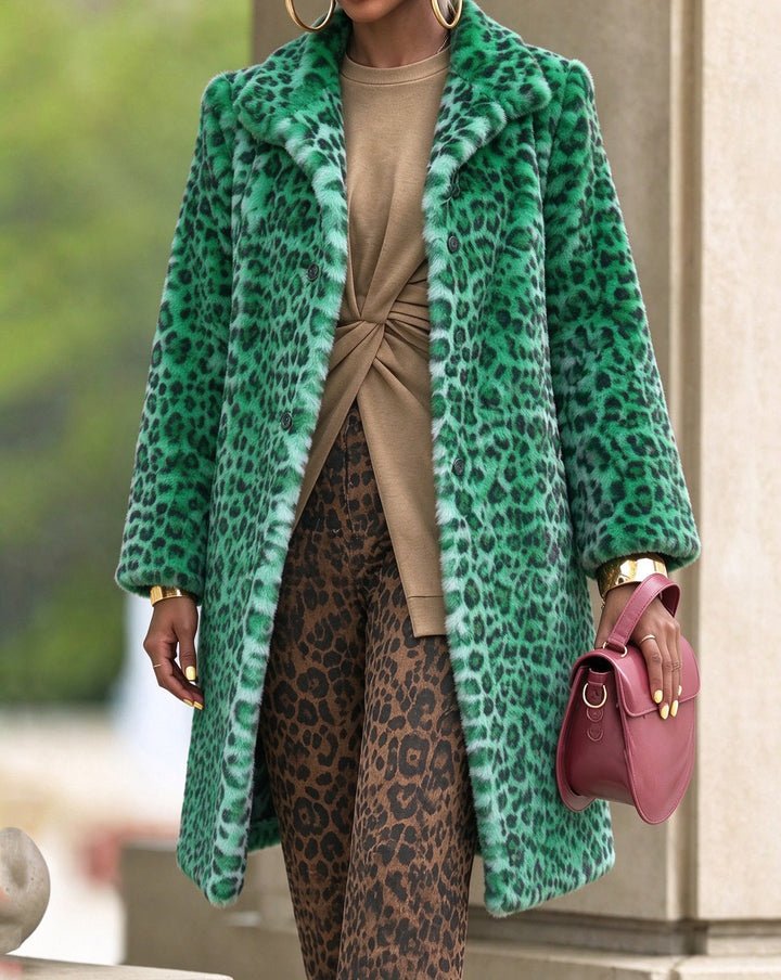 Notched Lapel Leopard Print Fuzzy Sherpa Mid-Length Coat