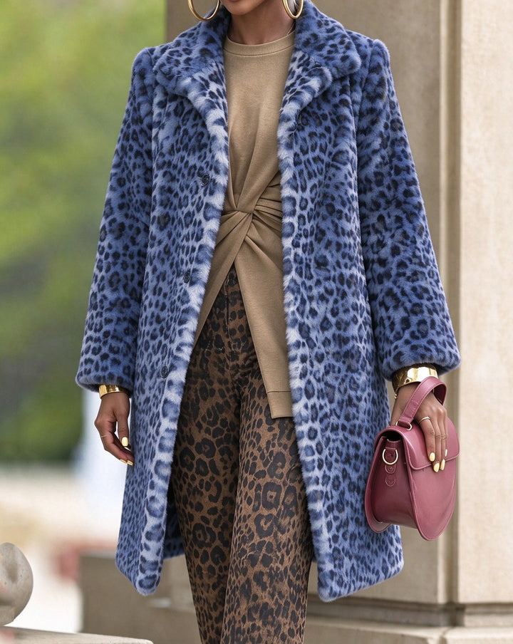 Notched Lapel Leopard Print Fuzzy Sherpa Mid-Length Coat