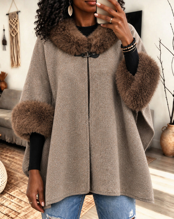 Women Faux Fur Collar Cuffs Cape Poncho Coat