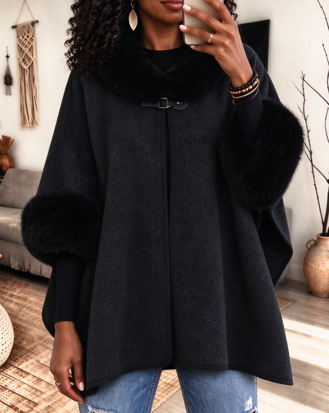 Women Faux Fur Collar Cuffs Cape Poncho Coat