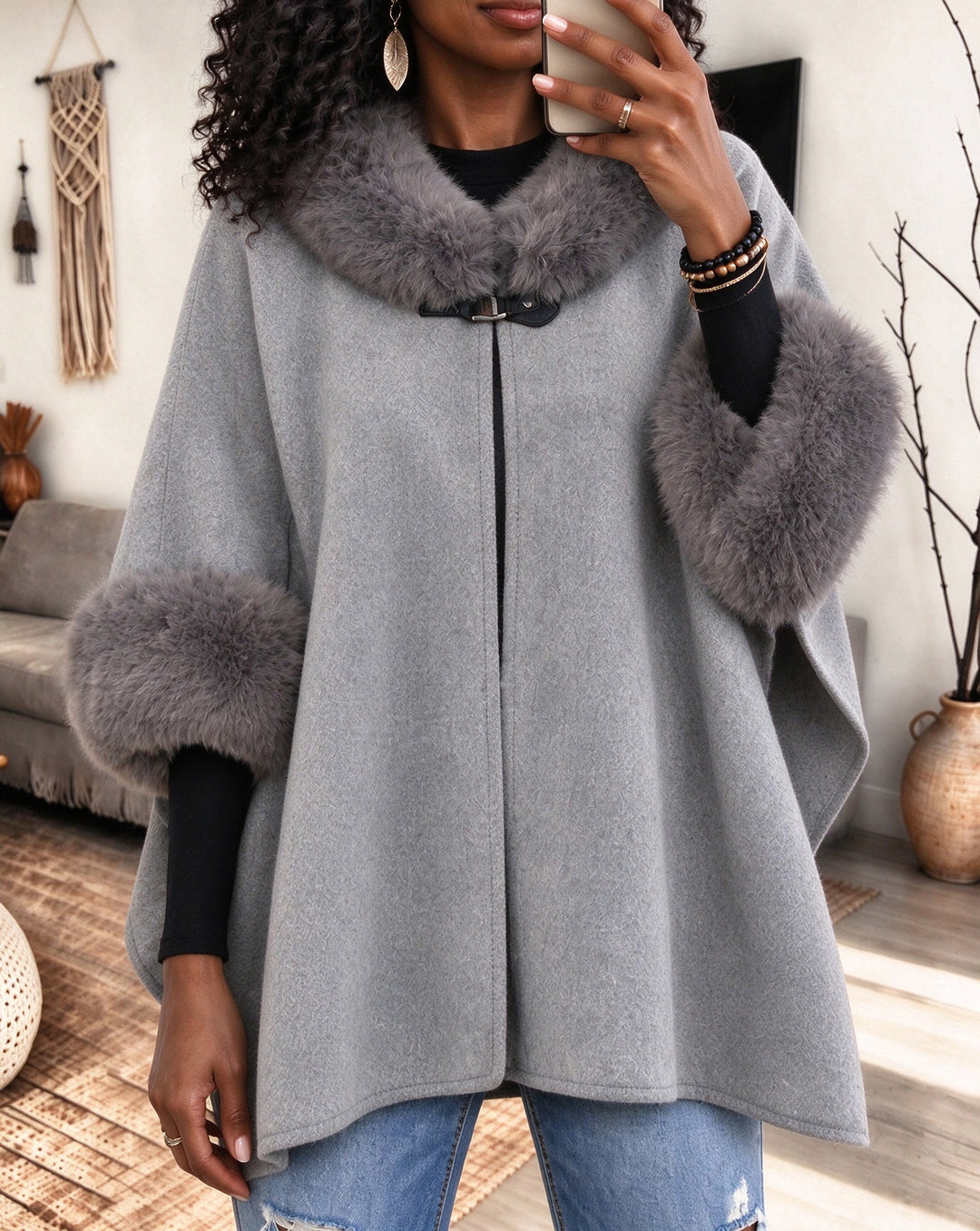 Women Faux Fur Collar Cuffs Cape Poncho Coat