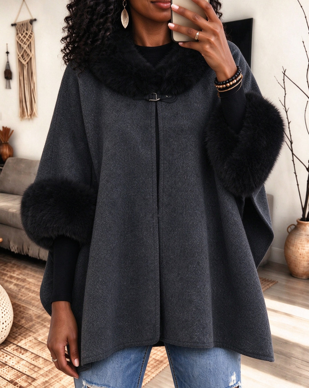 Women Faux Fur Collar Cuffs Cape Poncho Coat