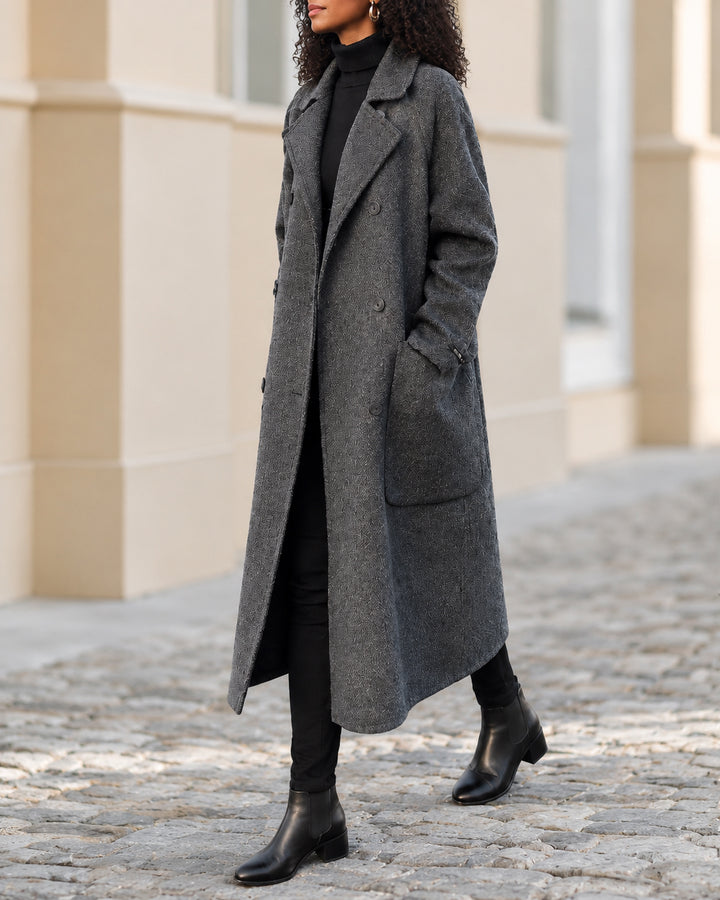 Women Lapel Double Breasted Textured Blend Pockets Long Coat
