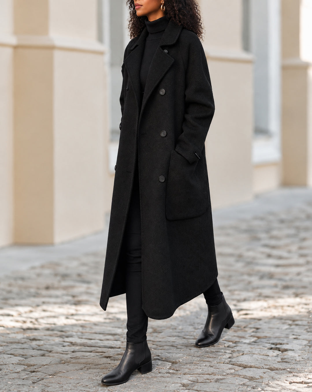 Women Lapel Double Breasted Textured Blend Pockets Long Coat