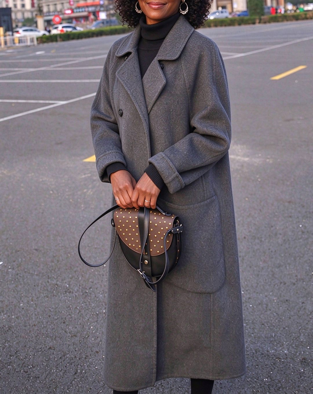 Women Lapel Double Breasted Textured Blend Pockets Long Coat