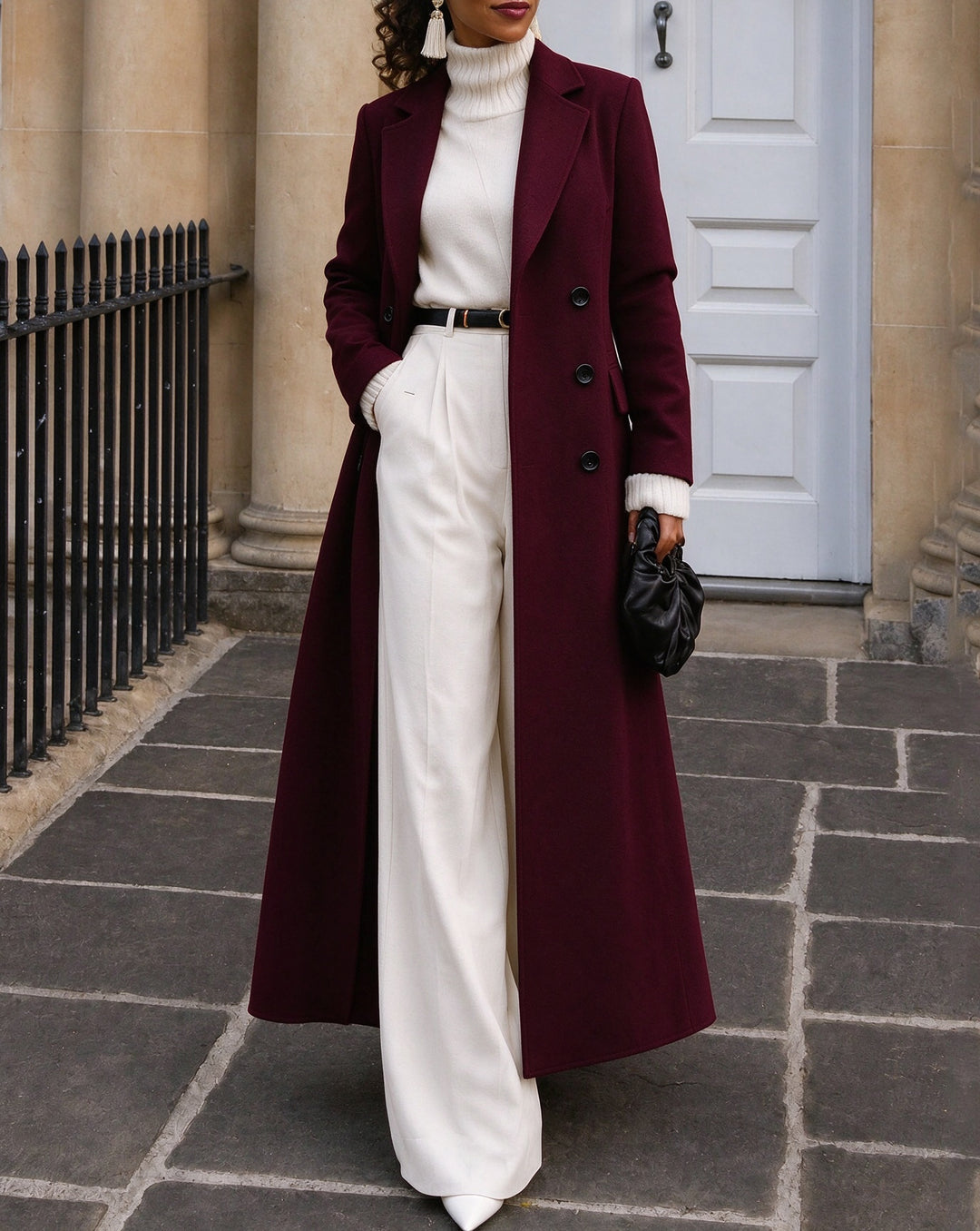 Women Notched Lapel Double Breasted Wool Blend Maxi Long Coat
