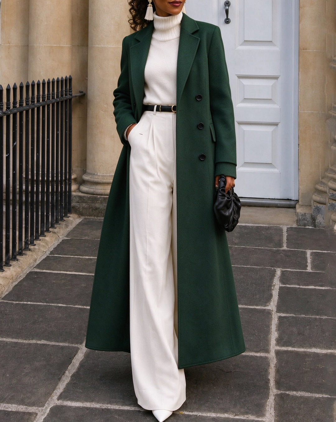 Women Notched Lapel Double Breasted Wool Blend Maxi Long Coat