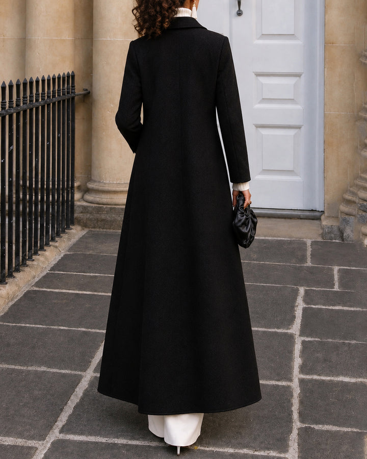 Women Notched Lapel Double Breasted Wool Blend Maxi Long Coat