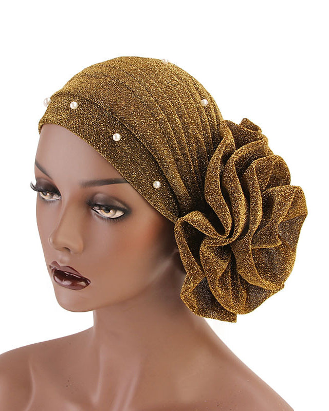 Pearl Pre Tied Flower Turban Hat Stylish Shimmering