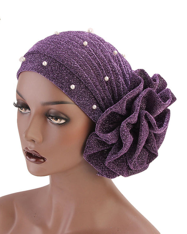 Pearl Pre Tied Flower Turban Hat Stylish Shimmering