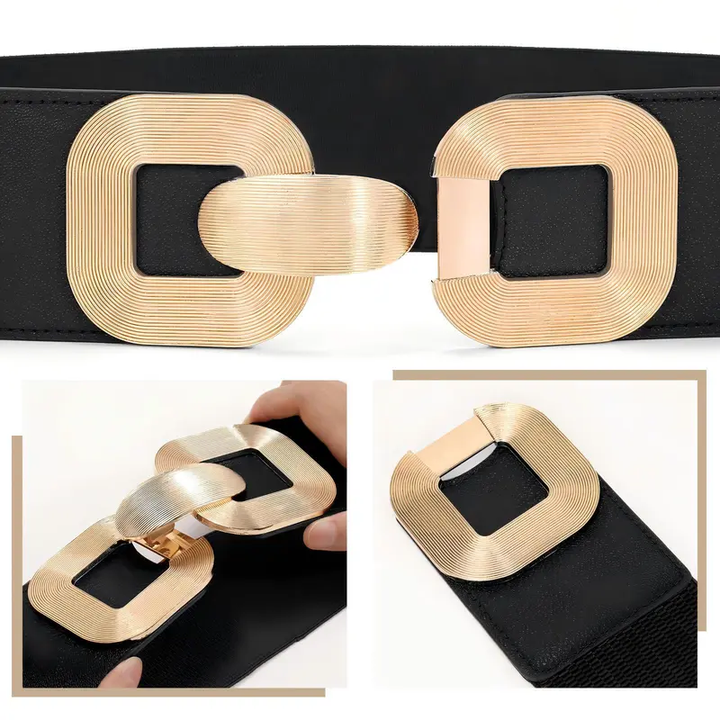 Women Wide Elastic Waist Belt Textured Gold Interlocking