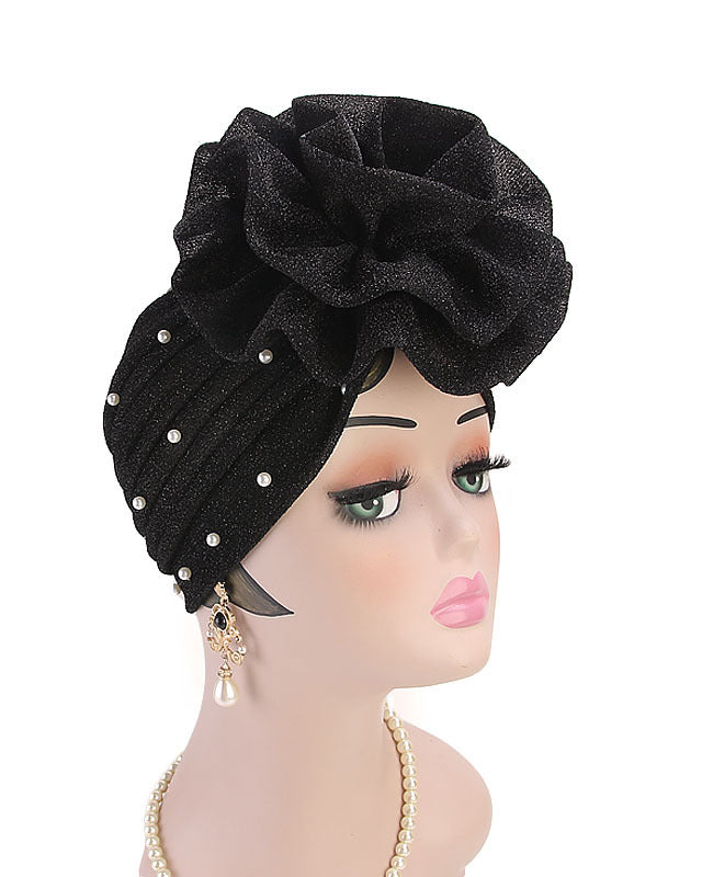 Pearl Pre Tied Flower Turban Hat Stylish Shimmering